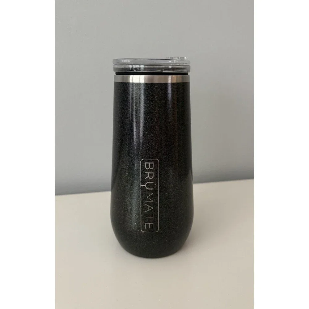 BruMate Champagne Flute 12oz Charcoal Glitter BevGuard Technology Hinged Lid